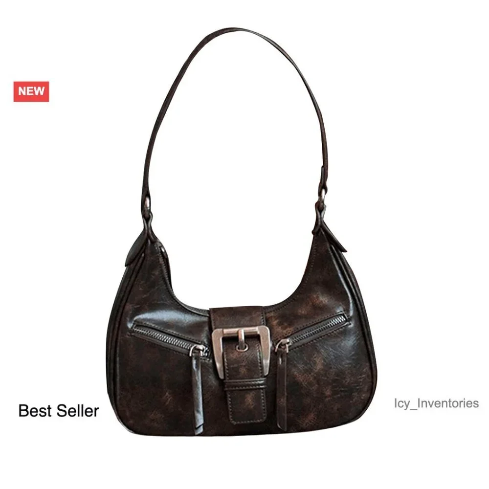 PU Leather Hobo Shoulder Bag with Buckle and Zipper Closure